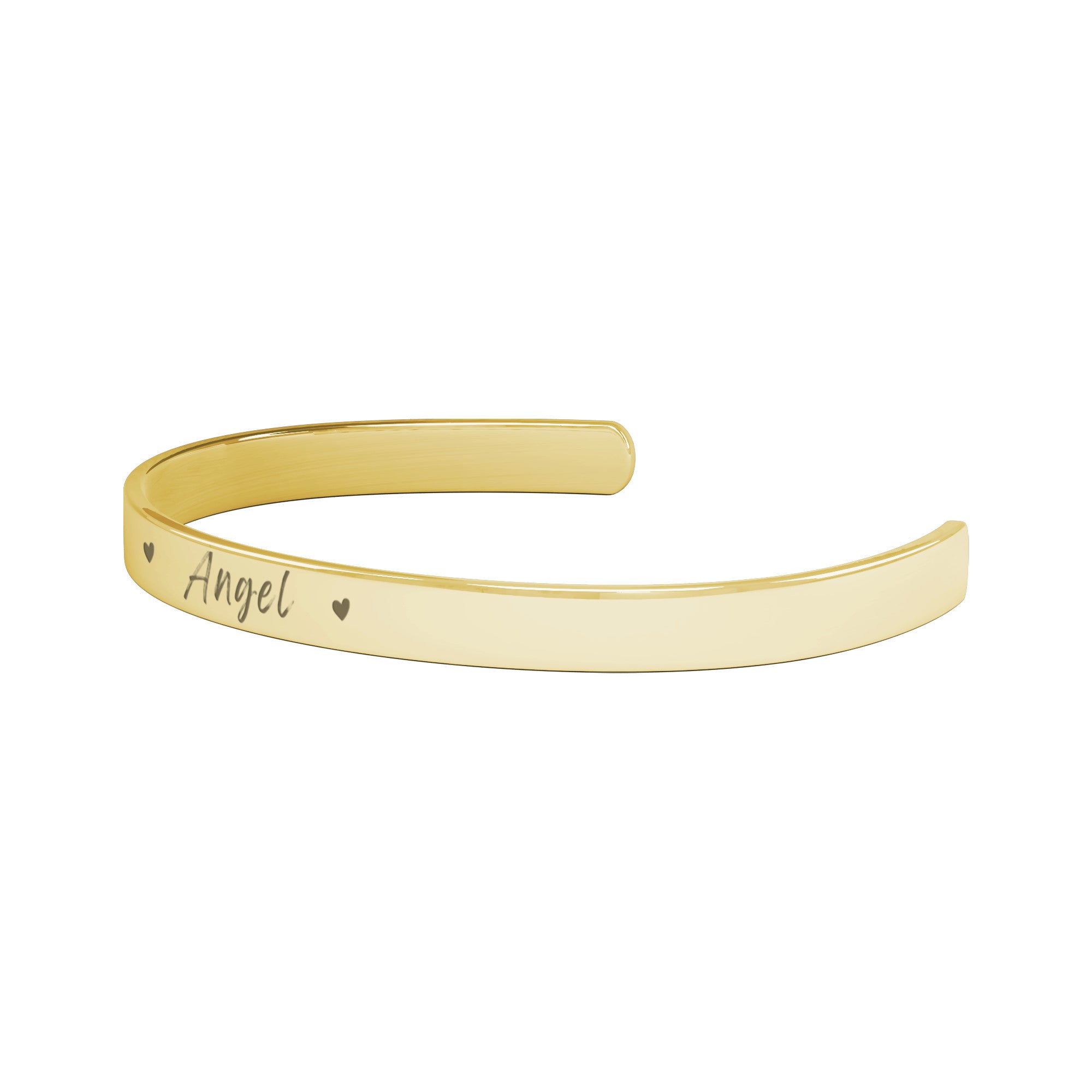 Gold Cuff Bracelet with the word "Angel" engraved in the front.  The inside reads, "I love you to the moon and back."