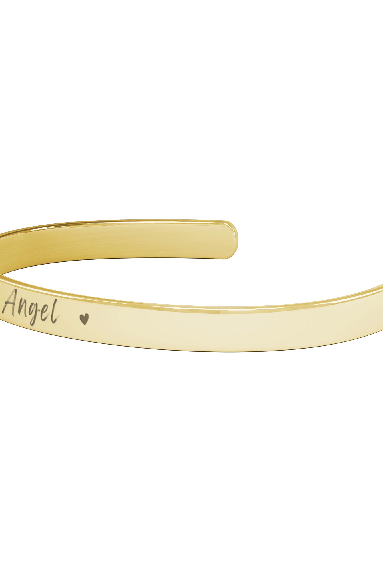 Gold Cuff Bracelet with the word "Angel" engraved in the front.  The inside reads, "I love you to the moon and back."