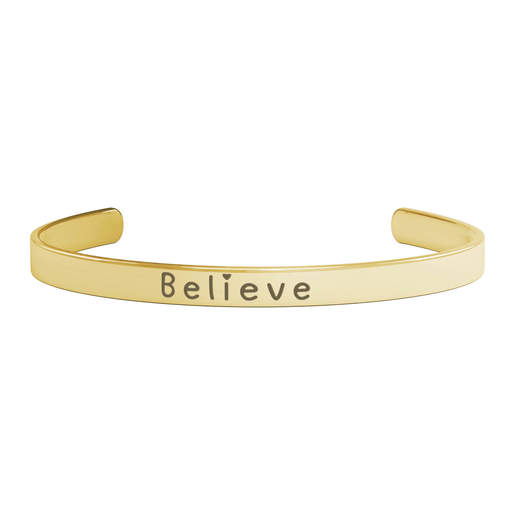 Silver Cuff Bracelet with the word "Believe" written on the outside. The inside reads, "Believe in the beauty of your journey.
