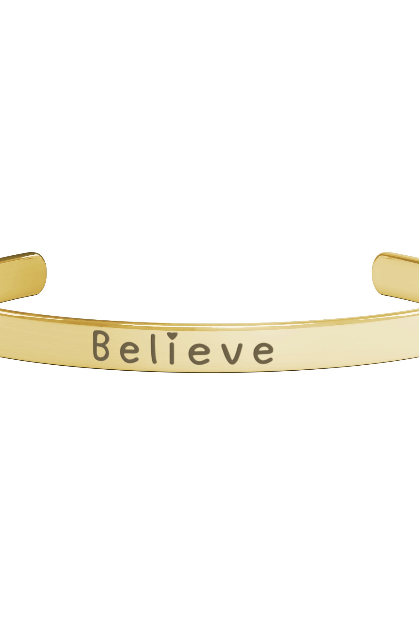 Silver Cuff Bracelet with the word "Believe" written on the outside. The inside reads, "Believe in the beauty of your journey.